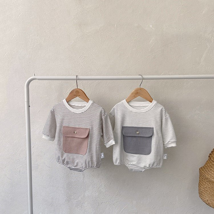 Baby Girl Striped Pattern Big Pocket Design Newborn Bodysuit - DraftFuel Sports