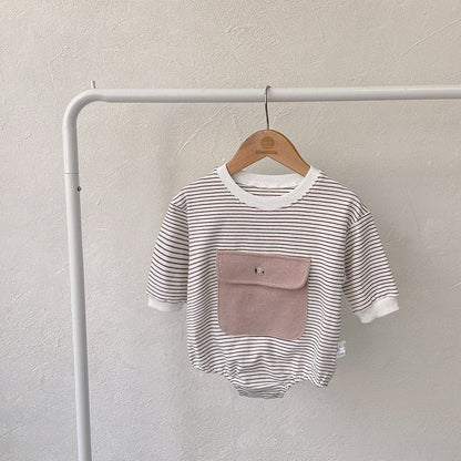 Baby Girl Striped Pattern Big Pocket Design Newborn Bodysuit - DraftFuel Sports