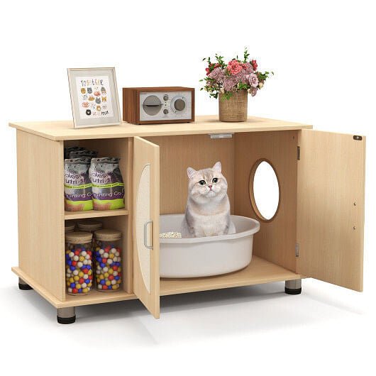Cat Litter Box Enclosure with Sisal Scratching Doors and Adjustable Metal Feet - Natural - DraftFuel Sports