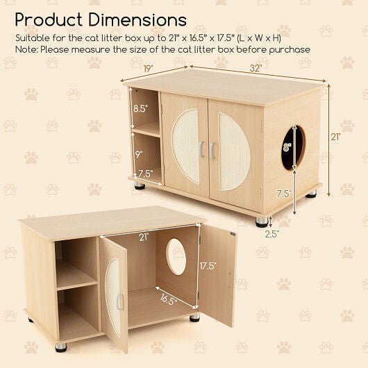 Cat Litter Box Enclosure with Sisal Scratching Doors and Adjustable Metal Feet - Natural - DraftFuel Sports