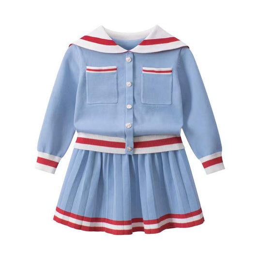 Girls Navy Collar Top Combo Skirt Knitwear Sets - DraftFuel Sports