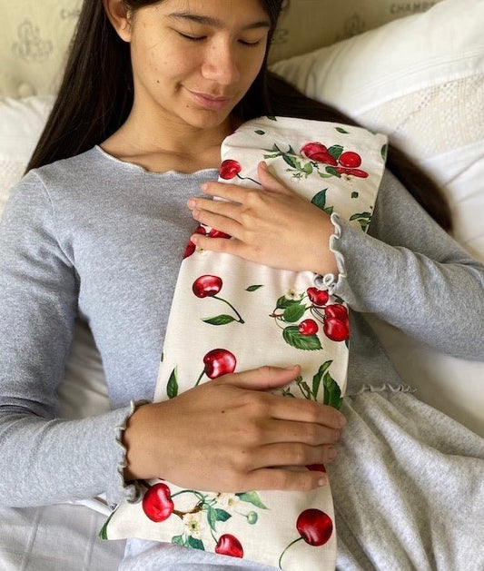 Hot Cherry Rectangular/Cervical Neck Pillow in Unbleached, Pre - washed, Natura Denim with Cherry Print Pillowcase - DraftFuel Sports