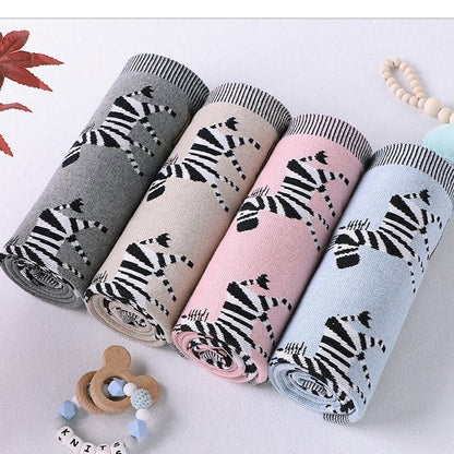 Kids Cartoon Animal Embroidery & Striped Pattern Pure Cotton Blanket - DraftFuel Sports