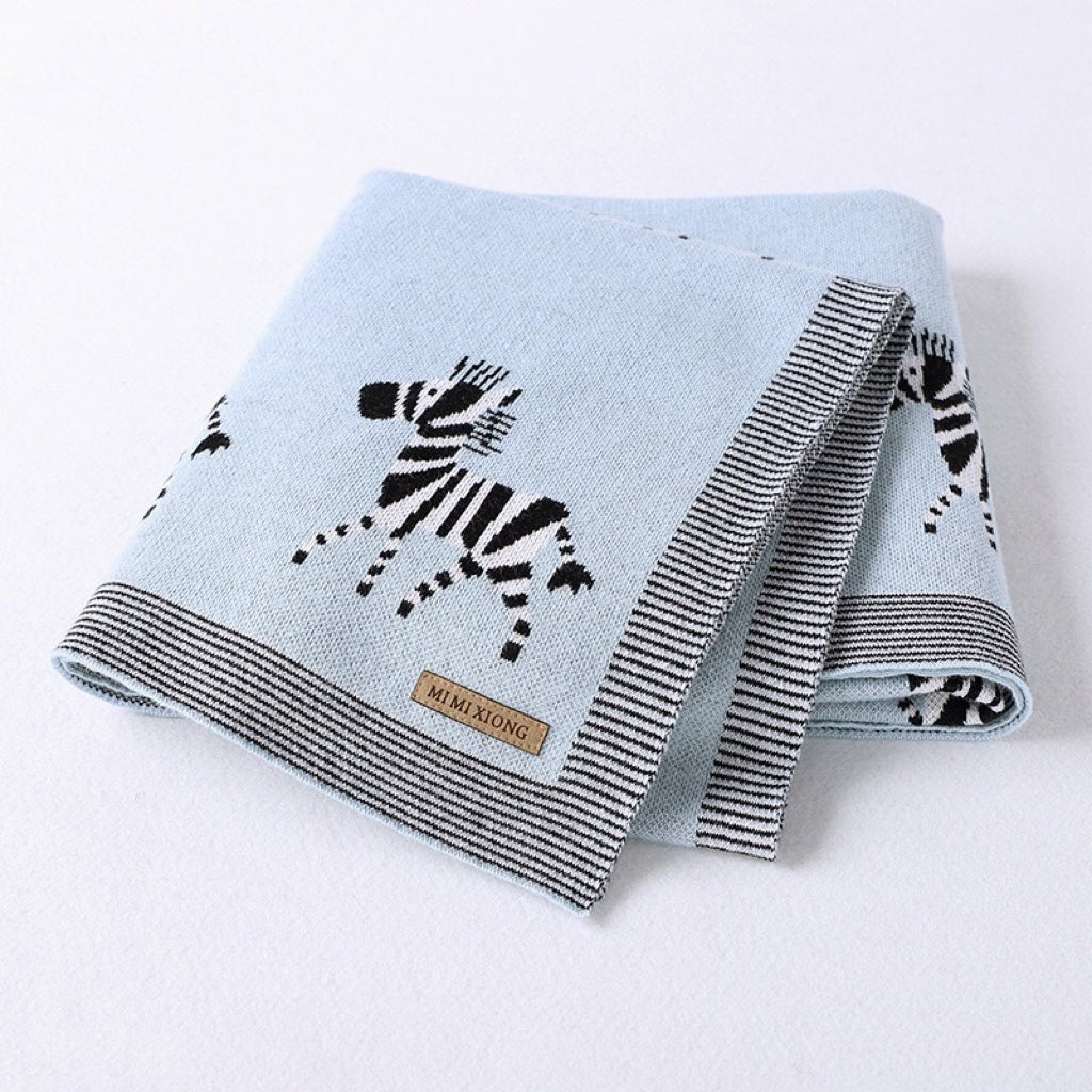 Kids Cartoon Animal Embroidery & Striped Pattern Pure Cotton Blanket - DraftFuel Sports
