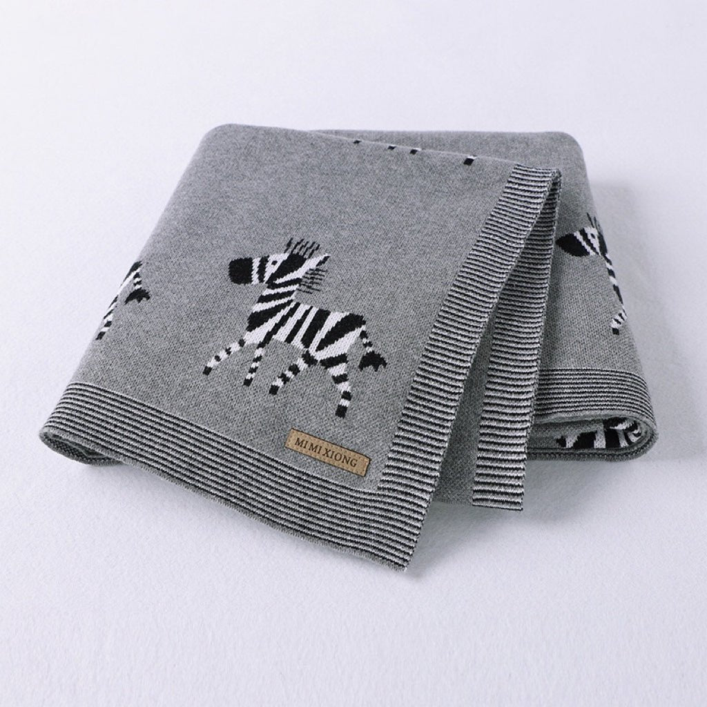 Kids Cartoon Animal Embroidery & Striped Pattern Pure Cotton Blanket - DraftFuel Sports