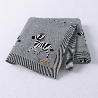 Kids Cartoon Animal Embroidery & Striped Pattern Pure Cotton Blanket - DraftFuel Sports