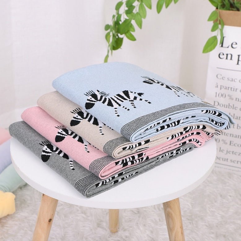 Kids Cartoon Animal Embroidery & Striped Pattern Pure Cotton Blanket - DraftFuel Sports