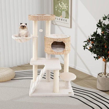 Modern Cat Tree for Indoor Cats with Cattail Fluff Condo and Top Perch - Natural - DraftFuel Sports