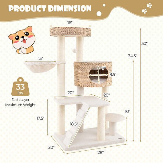 Modern Cat Tree for Indoor Cats with Cattail Fluff Condo and Top Perch - Natural - DraftFuel Sports