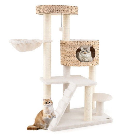 Modern Cat Tree for Indoor Cats with Cattail Fluff Condo and Top Perch - Natural - DraftFuel Sports