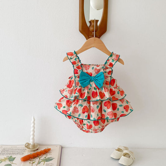 New Arrival Summer Baby Kids Girls Heart Pattern Sleeveless Big Bow Strap Onesies - DraftFuel Sports