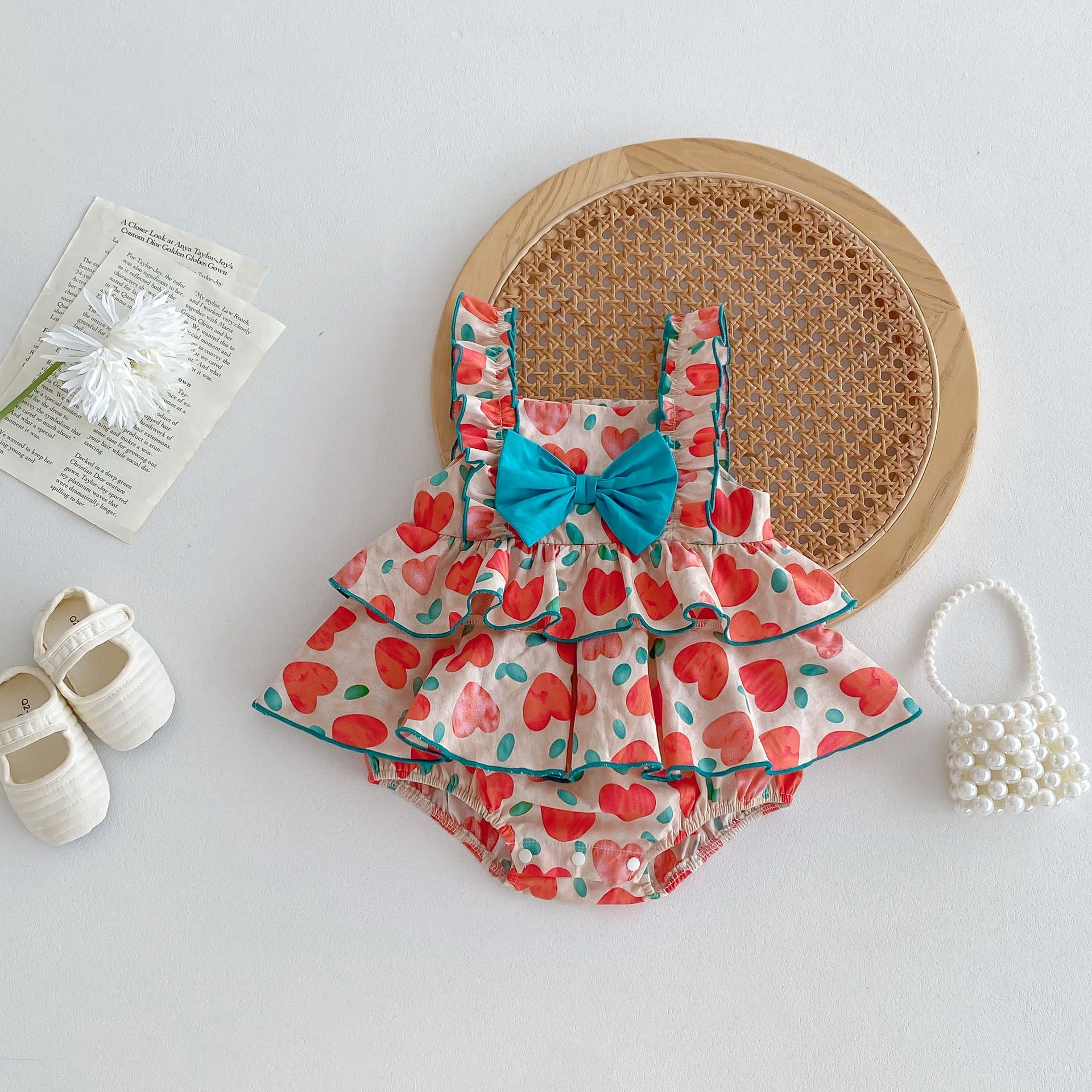 New Arrival Summer Baby Kids Girls Heart Pattern Sleeveless Big Bow Strap Onesies - DraftFuel Sports