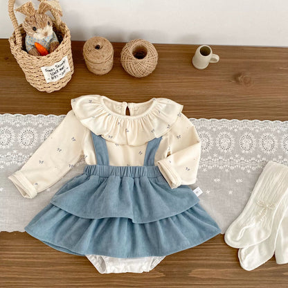 Spring and Autumn Baby Kids Girls Butterfly - bows Pattern Long Sleeves Beige Top and Sleeveless Onesies Overalls Clothing Set - DraftFuel Sports