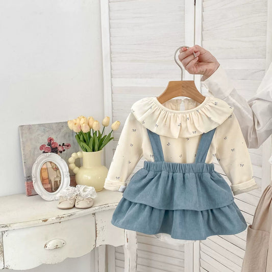 Spring and Autumn Baby Kids Girls Butterfly - bows Pattern Long Sleeves Beige Top and Sleeveless Onesies Overalls Clothing Set - DraftFuel Sports