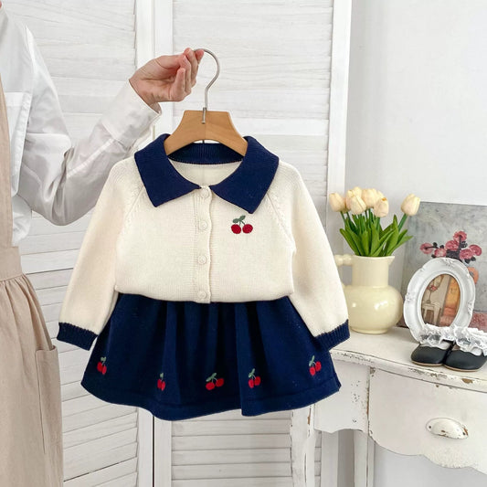 Spring and Autumn Kids Girls Cherry Embroidered Pattern Long Sleeves Knitted Cardigan and Skirt Clothing Set - DraftFuel Sports