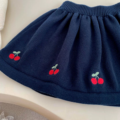 Spring and Autumn Kids Girls Cherry Embroidered Pattern Long Sleeves Knitted Cardigan and Skirt Clothing Set - DraftFuel Sports