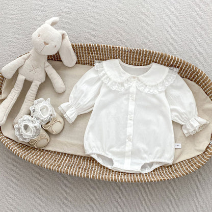Spring Arrival Baby Girls Long Sleeves Floral Embroidered Lace Trim Collar Onesies Bodysuits - DraftFuel Sports