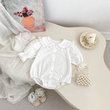 Spring Arrival Baby Girls Long Sleeves Floral Embroidered Lace Trim Collar Onesies Bodysuits - DraftFuel Sports
