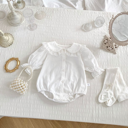 Spring Arrival Baby Girls Long Sleeves Floral Embroidered Lace Trim Collar Onesies Bodysuits - DraftFuel Sports