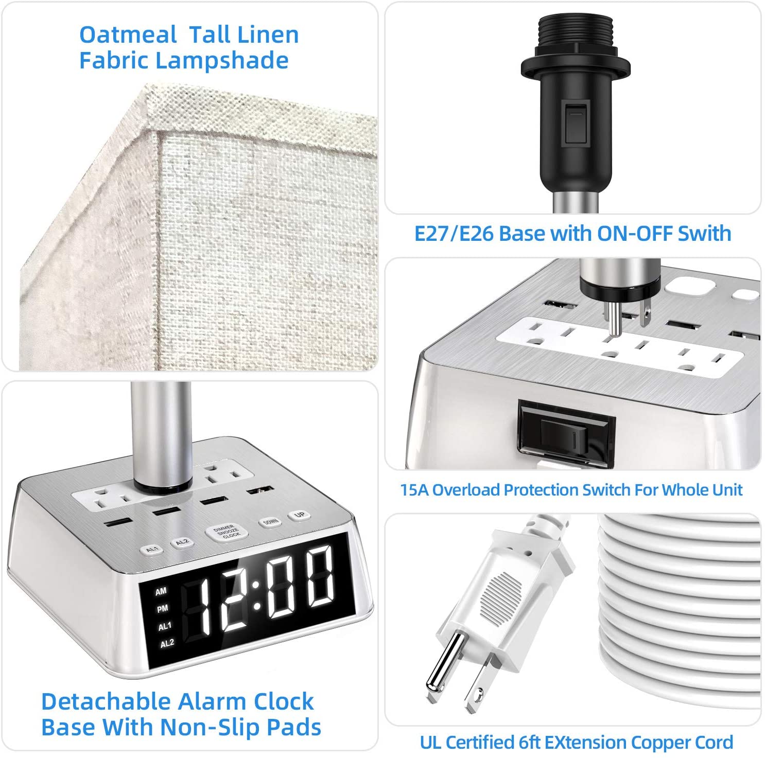 Table Lamp, 4 USB Ports &amp; AC Power Outlets, Alarm Clock - DraftFuel Sports