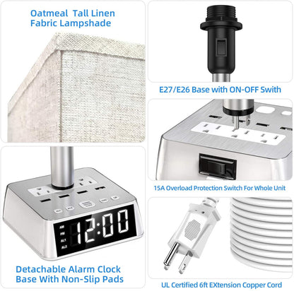 Table Lamp, 4 USB Ports &amp; AC Power Outlets, Alarm Clock - DraftFuel Sports