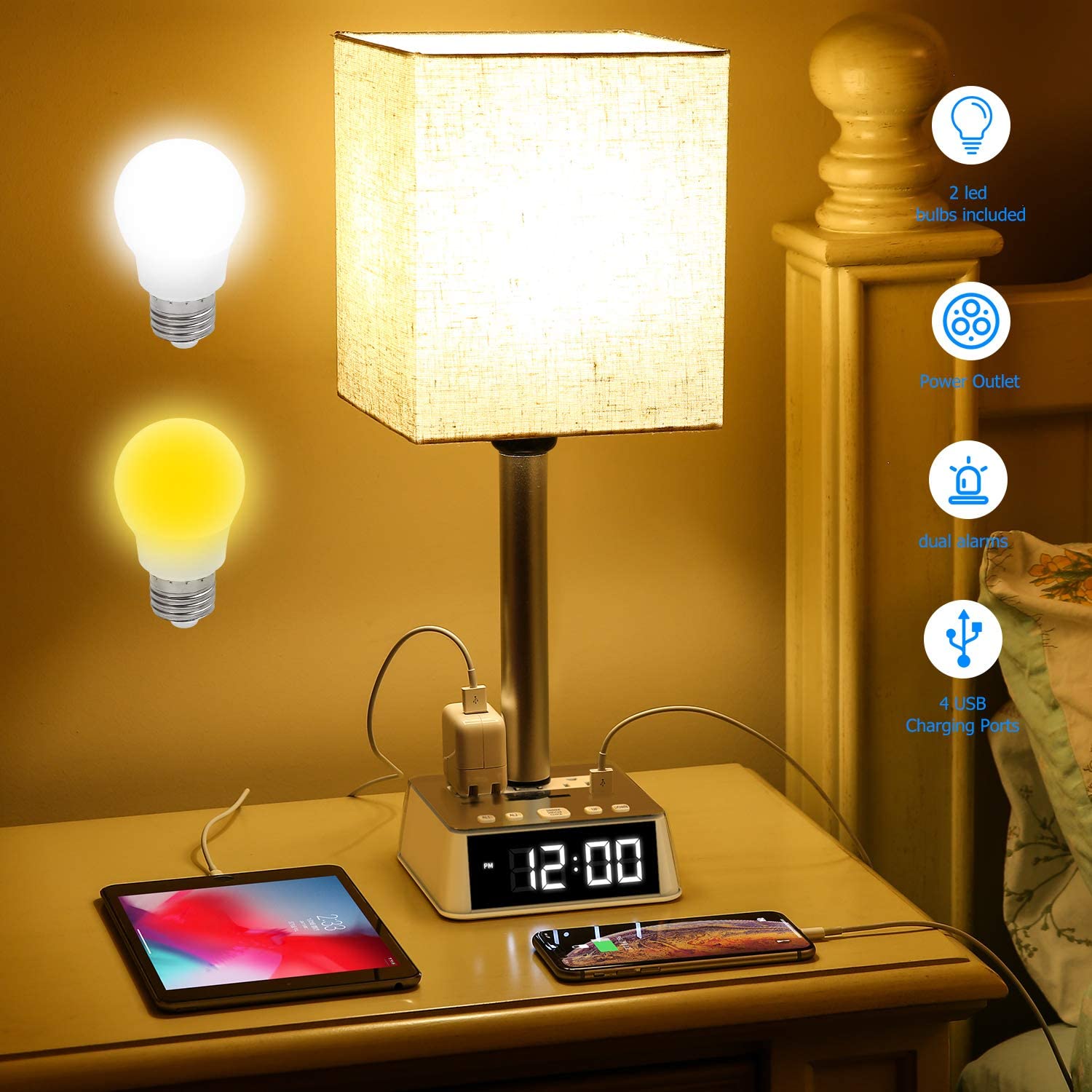 Table Lamp, 4 USB Ports &amp; AC Power Outlets, Alarm Clock - DraftFuel Sports