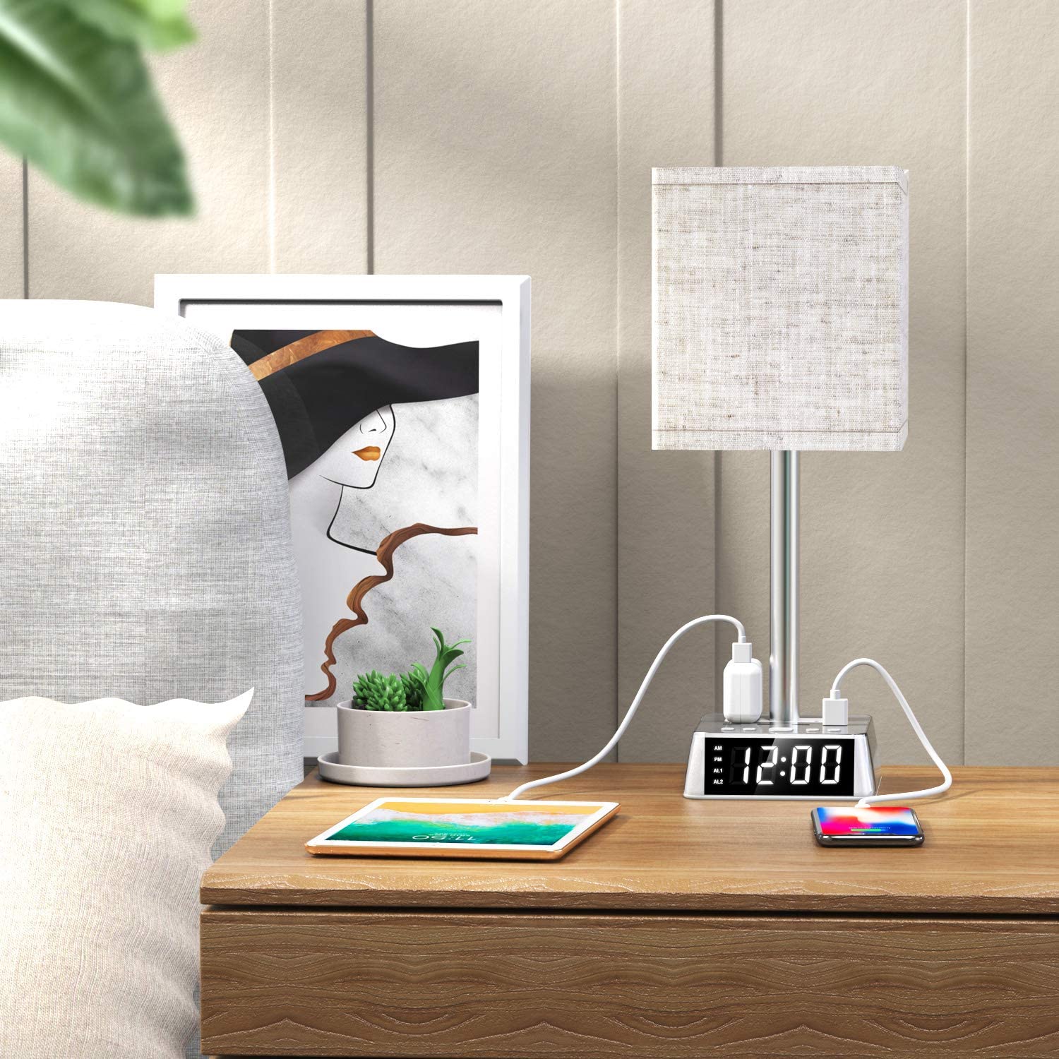 Table Lamp, 4 USB Ports &amp; AC Power Outlets, Alarm Clock - DraftFuel Sports