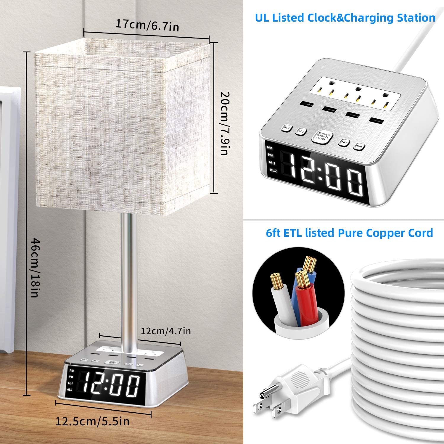 Table Lamp, 4 USB Ports &amp; AC Power Outlets, Alarm Clock - DraftFuel Sports