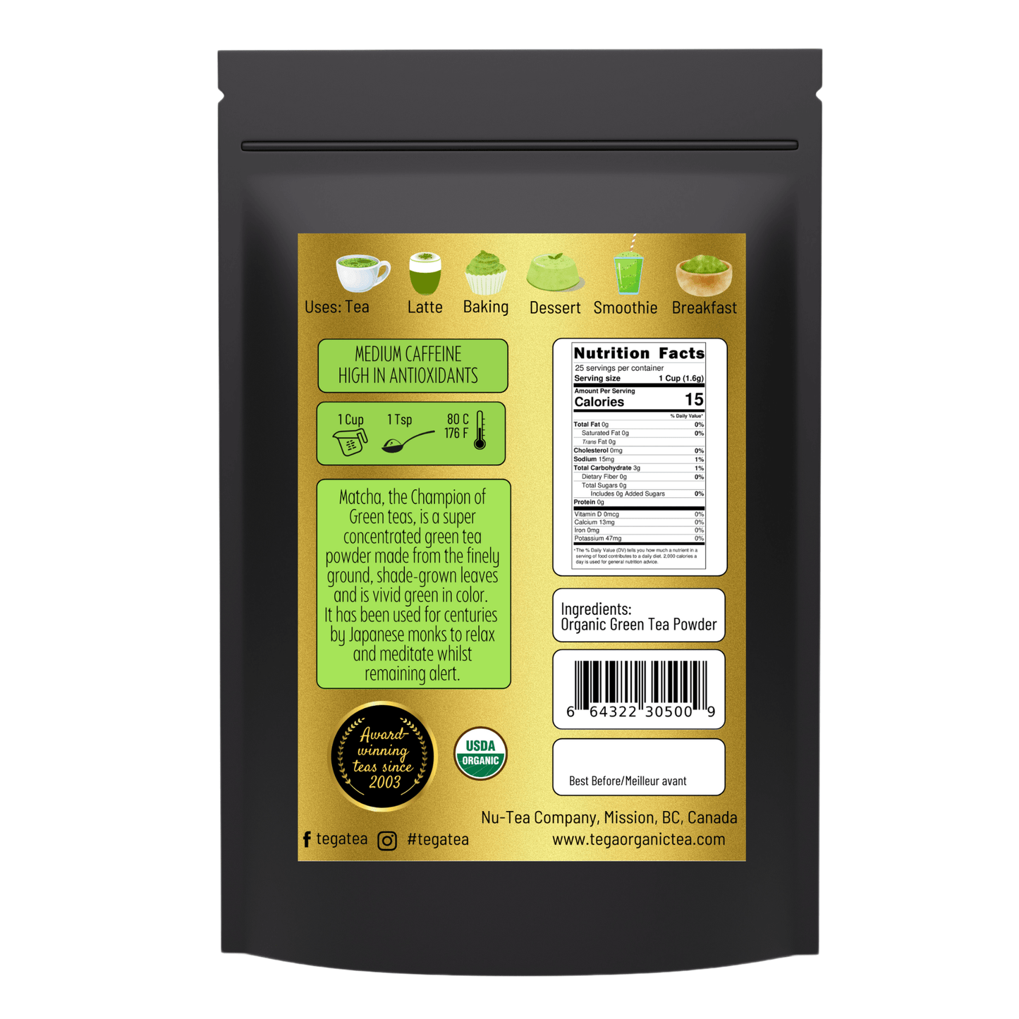 Tega Organic Japanese Matcha Green Tea Powder 40g - DraftFuel Sports