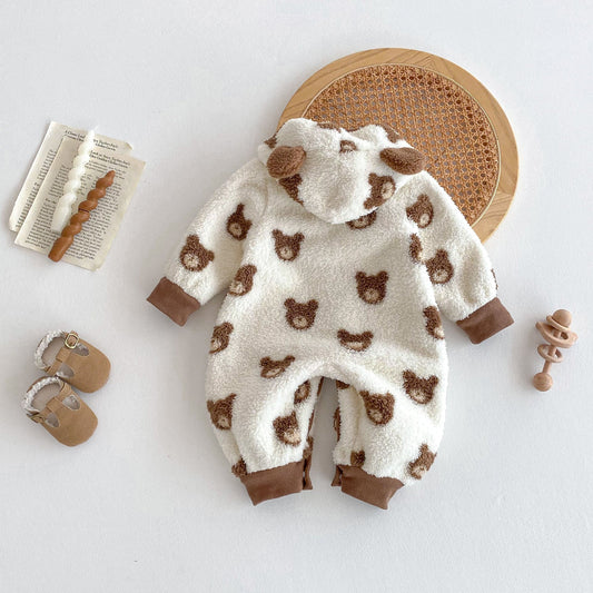 Winter Arrival Baby Cute Teddy Hooded Design Warm Fleece Rompers - DraftFuel Sports